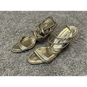 Vintage MANOLO BLAHNIK Metallic Champagne Lace-Up Sandal Stiletto Heels 37.5 thumbnail 2