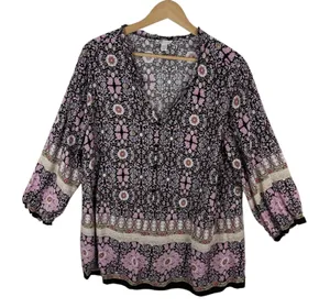 Cato Floral Medallion Blouse Size 18/20W Black Multicolor Boho Lightweight Comfy thumbnail 1
