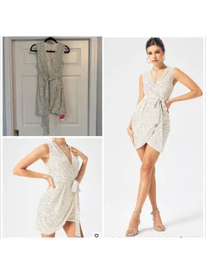 New Women's Cider Dress Size S Silver White Sequin Wrap Mini Party thumbnail 2