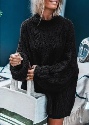 Merokeety NWT Oversized Pullover Crochet Lantern Long Sleeve Mock Neck Casual Loose Tops M thumbnail 1