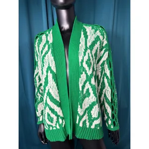 Anthropologie Maeve Green White Ikat Intarsia Knit Lattice Sleeve‎ Cardigan S thumbnail 2