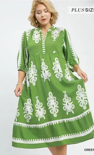 New! Umgee Plus Size Green Cream Abstract Midi Dress Size 2X thumbnail 1