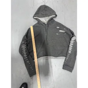 PacSun Distressed Cropped Hoodie Charcoal Gray Shredded Sleeve Streetwear Pullover thumbnail 3