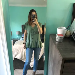 Sage Green Peplum Button‎ Down V-Neck Short Sleeve Top Blouse Womens thumbnail 3