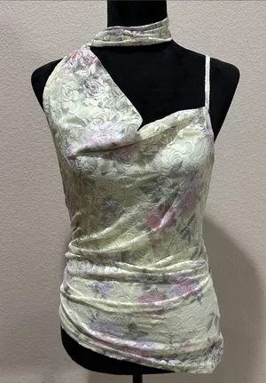 Cider Asymmetrical Lace Cowl Neck Top - Pale Yellow Floral thumbnail 1