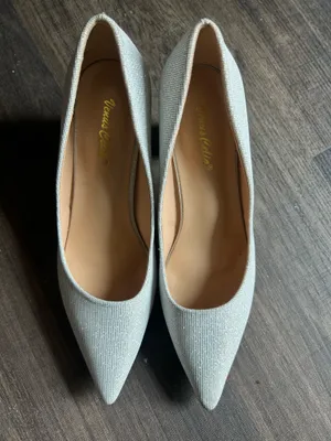 Silver, gray textured fabric pointed toe block heel court shoes thumbnail 2