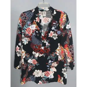 Natori Black Multicolor Oriental & Floral V-Neck 3/4 Sleeves Lightweight Tunic M thumbnail 4