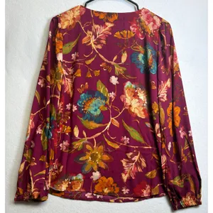 Belle Boho Kim Gravel Burgundy Floral V-Neck Blouse Long Sleeve S thumbnail 3