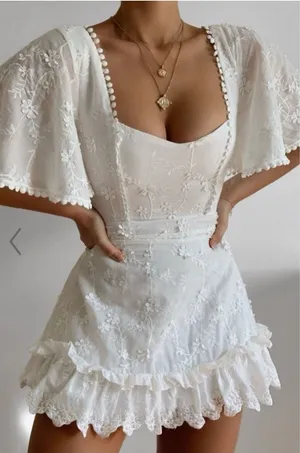 NWT Showpo White Embroidered Mini Dress Size 4 Fancy a Spritz‎ with Square Neck thumbnail 1