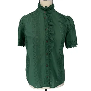 Sézane Louisah Green Organic Cotton Eyelet Ruffle Mock Neck Blouse Size 34 / 2 thumbnail 2