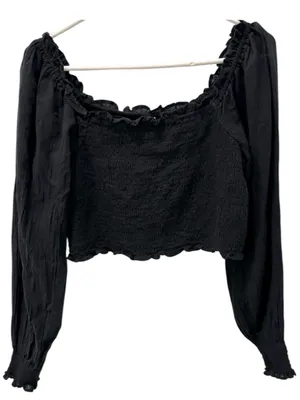 AERIE Smocked Puff Sleeve Square Neck Black Crop Top Size Medium 100% cotton thumbnail 1