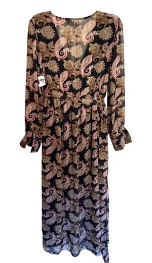 Miss Avenue Long Sleeve Maxi Dress Sheer Size L Black Paisley Floral Wrap Kaftan thumbnail 1