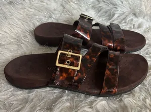 Vionic Women’s Brown Adjustable Triple-Strap Slide Sandals Gold Buckle Size 9USA thumbnail 1