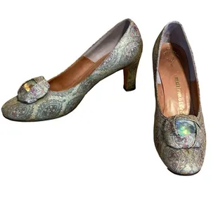Vintage 1960'S Mademoiselle Light Blue & Gold Brocade Paisley Heels (7.5n) thumbnail 1