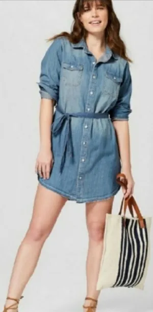 Universal Threads Blue Faded Button Down Raw Hem Belted Denim Casual Dress Small thumbnail 1