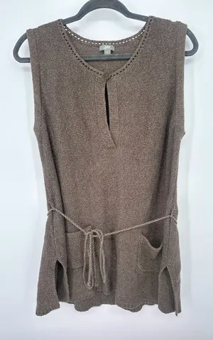 J Jill Womens Large Two Pocket Brown Sweater Vest‎ Belt Linen Blend Coastal Boho thumbnail 1