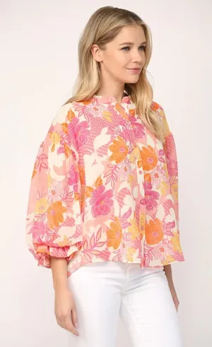 NWT Fate Elodie Kat Bubble Sleeve Button Up Blouse floral boho career preppy thumbnail 1