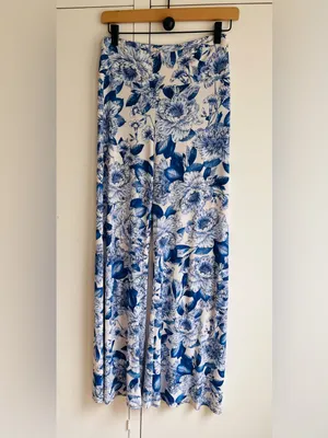 Veronica M Blue White Floral High Rise Flare Pants Bell Bottom Yoga Stretch thumbnail 2