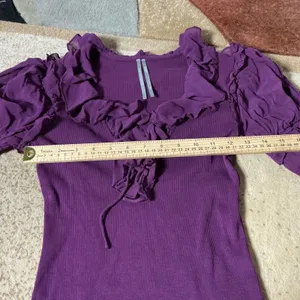 Anthropologie Coquette Ruffle Sleeve Ribbed Knit Dark Academia‎ Top XS OB2104386 thumbnail 4