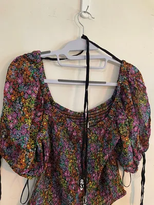 Free People Floral Puff-Sleeve Crop Top in Multi Colors thumbnail 5