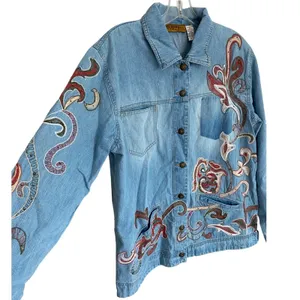 Erik‎ Stewart Vintage Denim Jacket Womens L Floral Embroidered Boho Size 2 thumbnail 5
