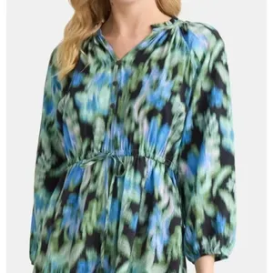Time and Tru Womens Mini Dress Sz M Floral Ikat Black Ruffle Neck Boho Vacation thumbnail 5