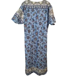 Blue Paisley Floral Bohemian Maxi Dress V-Neck Elastic Waist Short Sleeve thumbnail 2