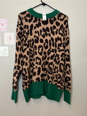Aerie nwt oversized small trendingLeopard-Print Crewneck Sweater with Green Trim thumbnail 2
