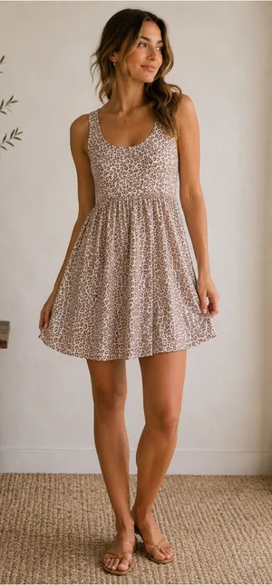 ✨🤎 Fantastic Fawn Leopard Print Babydoll Mini Dress‎ Small Soft Stretch 🤎✨ thumbnail 1