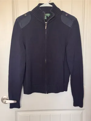 Lauren Ralph Lauren Navy Cotton Full Zip Military‎ Sweater Jacket L thumbnail 1