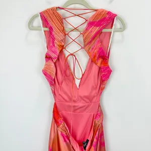 Lulus Dedra Pink and Orange Abstract Pleated Maxi Dress Formal Satin Large NWT thumbnail 9