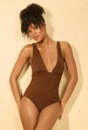 Women's Crochet Plunge High Leg Medium Coverage One Piece Swimsuit Shade & Shore Brown thumbnail 1