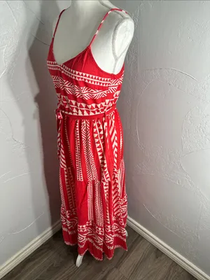 Vero Moda Soft Red & White Cotton Maxi Dress – Boho Geometric Print. thumbnail 5