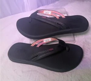 Flojos Black Flip Sandals with Pink Patterned Straps Size 7 thumbnail 1