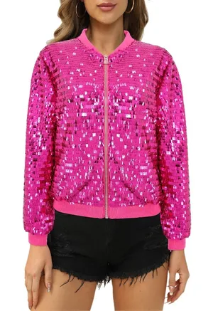 NWT Pink Disco Sequin ZipUp‎ Bomber Jacket Medium thumbnail 1