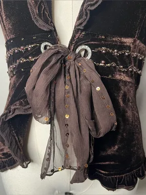 Y2K Vintage Chocolate Brown Velvet Ruffle Collar Tie Front Fairy Grunge Top thumbnail 3