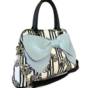 Betsey Johnson Blue Bow Faux Leather Floral Stripe Dome Satchel Bag Handbag thumbnail 13