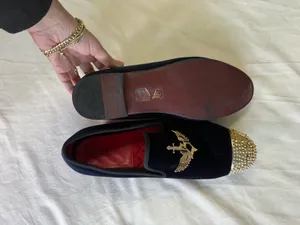 JITAI Men's Navy Blue Velvet Loafers - Gold Spiked Toe & Winged Sword Emblem - Size 10 thumbnail 4