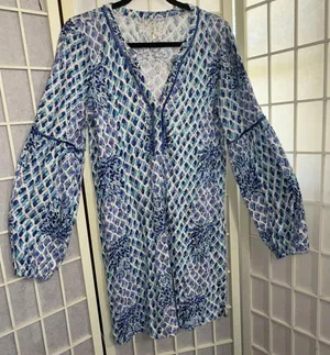 Lilly Pulitzer Fringe Pineapple Preppy Beach Puff Sleeve Designer Mini Dress Med thumbnail 1