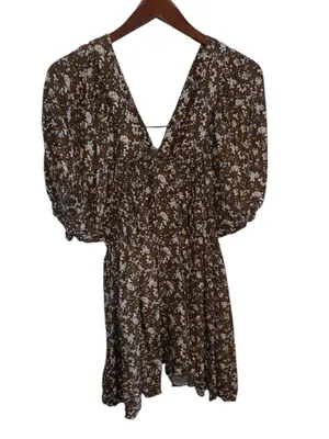 Millibon Brown Floral V-Neck Puff Sleeve mini cottagecore summer day Dress thumbnail 3