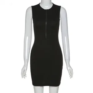 Solid Black Sleeveless Zip Up Mini Bodycon Dress Size M thumbnail 3