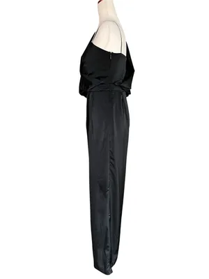 DO+BE black satin jumpsuit featuring an asymmetrical draped one-shoulder overlay thumbnail 5