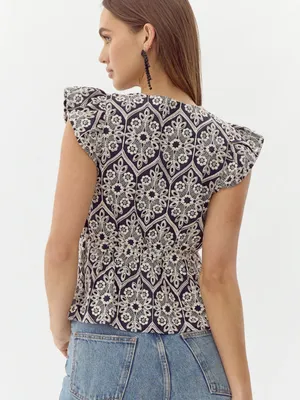 ADELYN RAE‎ Seriana Embroidered Top Navy and White Flutter Sleeves Small thumbnail 2