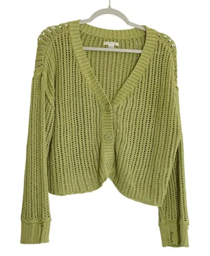 American Eagle Small Sage Green Open Knit Cropped Cardigan Sweater Distressed thumbnail 1