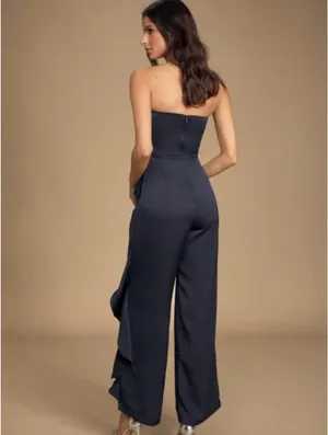 Lulus Navy Strapless Satin Jumpsuit thumbnail 3