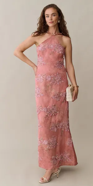 NWT Few Moda Kayda o.p.t pink sequin floral size 10 beaded maxi gown thumbnail 1