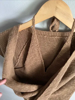Commense S Brown Layered Wrap Knit Top Halter Tie Short Sleeve Y2K thumbnail 5