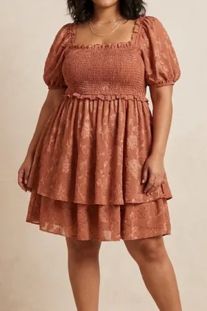 Altar'd State Lace Smocked Puff Sleeve Tiered Mini Dress XL Boho thumbnail 1