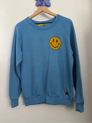 Aviator Nation Small Smiley Crew Neck Relaxed Sweatshirt Blue thumbnail 1