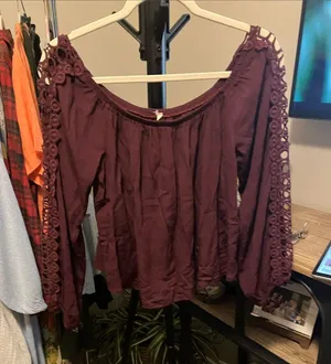 Women's Off-Shoulder Crochet Sleeve Blouse - Deep Plum thumbnail 1